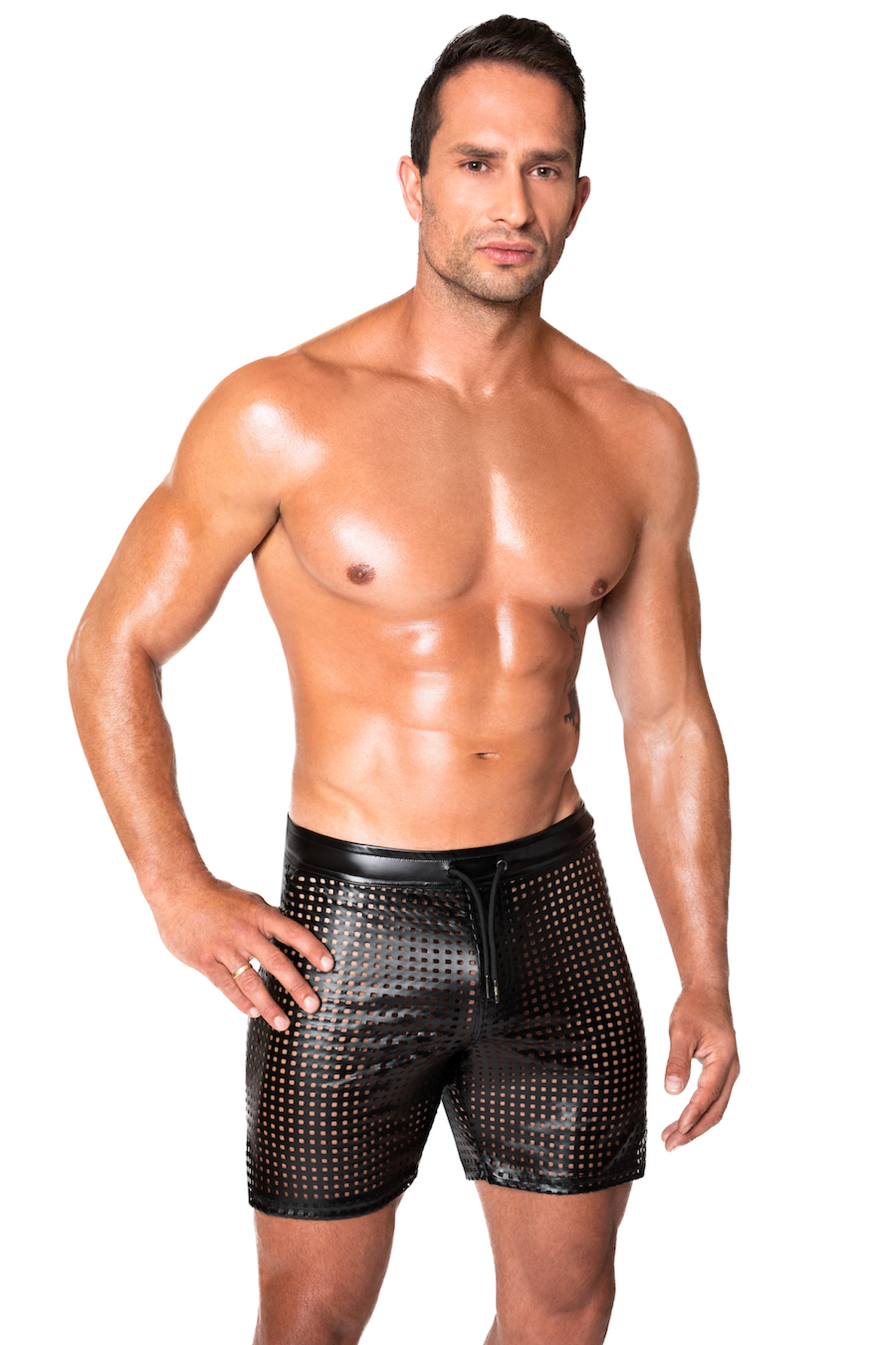 LAB Kinky Rave Laser Cut kurze Hose in Schwarz von Noir Handmade, Gaywear  